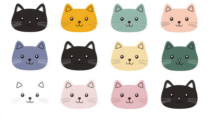 Obraz premium Cute Cartoon Cat Face Icons Set