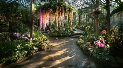 Fototapeta premium A serene greenhouse filled with vibrant flowers and lush greenery, creating a tranquil atmosphere.
