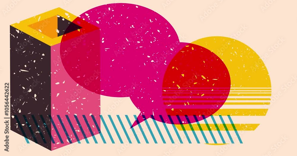 Poster risograph speech bubble with geometric shapes animation. moving object in trendy riso graph design v
