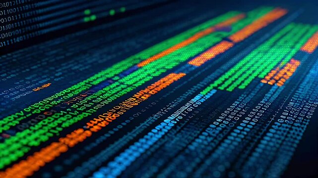 Close-up shot of a computer screen displaying lines of code with glowing green and orange text on a black background.