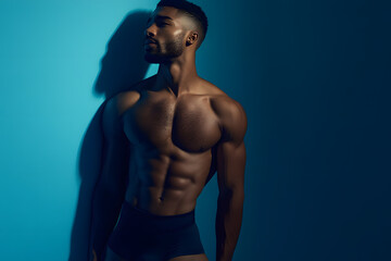 Fototapeta premium Comfort and Style with a Friendly Male Model in an Underwear Campaign Featuring a Blue-Toned Color Palette