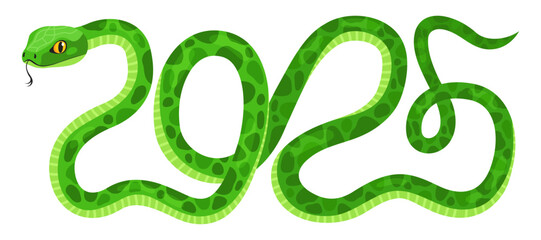 Fototapeta premium Cute green snake in the shape of the number 2025 isolated on a white background. New Year of the Snake, Lunar New Year or Chinese New Year. Zodiac animal cartoon character.