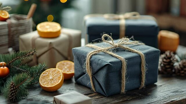 Wrapping Christmas gifts with eco-friendly materials like cloth wraps and natural twine, on a minimalist table. . Video