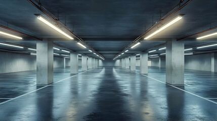 Empty Parking Garage with Concrete Columns and Fluorescent Lights - 3D Illustration