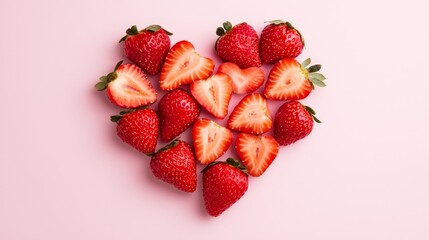 Flat lay of sliced strawberries forming a heart shape on a light pink background, clean design, perfect for health and wellness themes