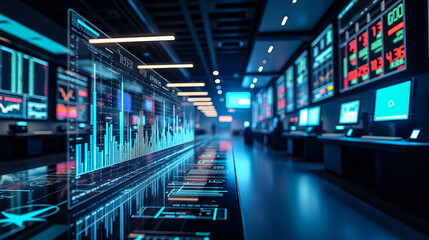 Dynamic trading floor with market graphs and digital displays showcasing financial data in a modern office environment