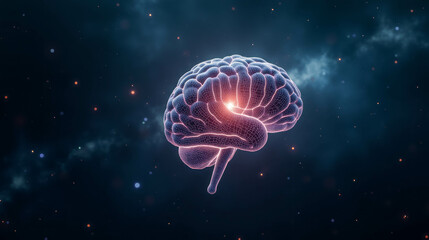 Obraz premium A vivid representation of a glowing human brain floating in a cosmic space filled with stars and nebulae