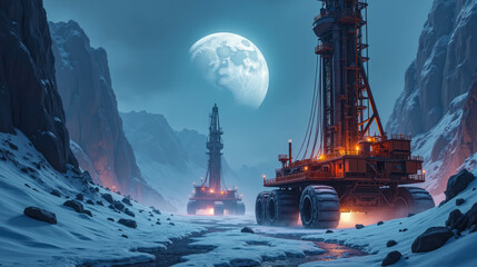 Obraz premium Heavy machinery operates in a snowy valley under a full moon during twilight, showcasing powerful drilling rigs amidst dramatic landscapes