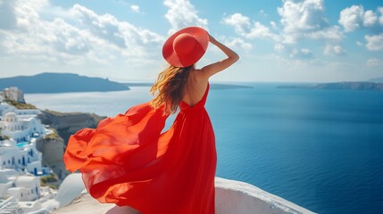 Europe travel happy vacation woman. Girl tourist having fun with open arms in freedom in Santorini cruise holiday, summer european destination. Red dress and hat person. 