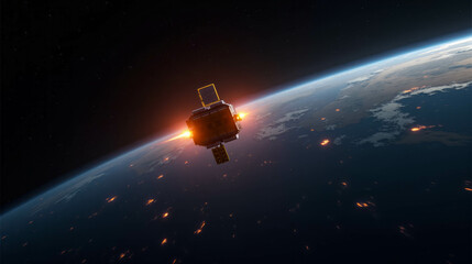 Naklejka premium Satellite capturing the sunrise above Earth with glowing surface details from space at dawn