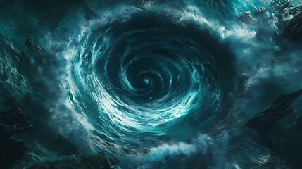 A top down photo of a whirlpool appearing in the ocean. Whirlpool. Illustration
