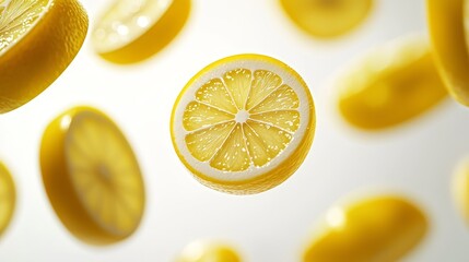 Floating lemon slices, abstract silhouette, crisp white backdrop, showcasing fresh citrus energy