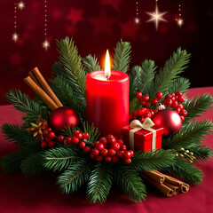 Christmas Decoration with Candles and Holiday Lights and gifts, Xmas Winter holiday party concept