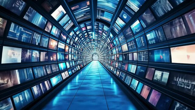 travelling through a multimedia tunnel surrounded by screens