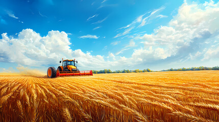 Obraz premium A tractor harvesting golden fields under a blue sky, showcasing agricultural activity. Golden Harvest Fields. Illustration