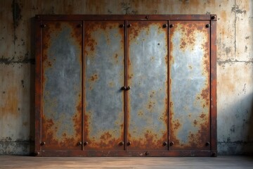 Old rusty zinc wall panels with rusty texture as a background. Vintage retro interior design concept. Rusty zinc sheets. Place to add text and design. Photo of rotten zinc surface. Iron sheets.