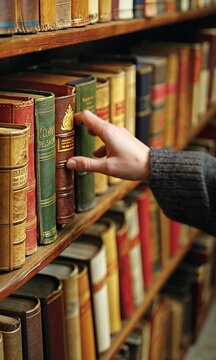 An up-close view of a hand picking an old book off of a well-stocked bookcase with vibrant old bindings.