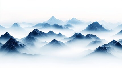 Chinese-style mountains with subtle ink strokes, soft blue and white tones evoking calm, minimalist background, mist rising through the valleys