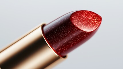 Luxurious red lipstick with glossy gold cap, close-up shot on white, vibrant color and metallic textures for high-end cosmetic branding, clean minimalism