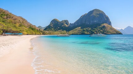 Obraz premium Vibrant Beach with Clear Lagoon and Scenic Mountains