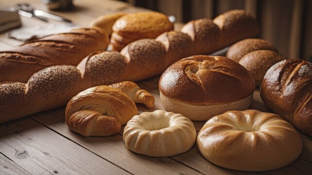 High-resolution close-up of bread and pastries on a wooden table, perfect for bakery displays