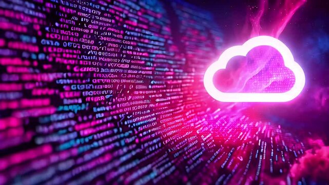 A glowing cloud icon in front of a computer code background with pink and blue hues.