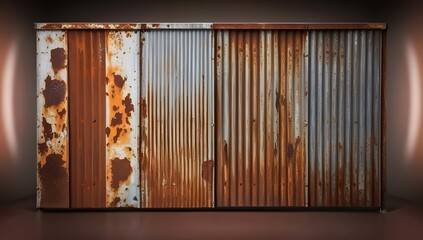 Old rusty zinc wall panels with rusty texture as a background. Vintage retro interior design concept. Rusty zinc sheets. Place to add text and design. Photo of rotten zinc surface. Iron sheets.