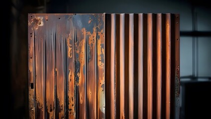 Old rusty zinc wall panels with rusty texture as a background. Vintage retro interior design concept. Rusty zinc sheets. Place to add text and design. Photo of rotten zinc surface. Iron sheets.