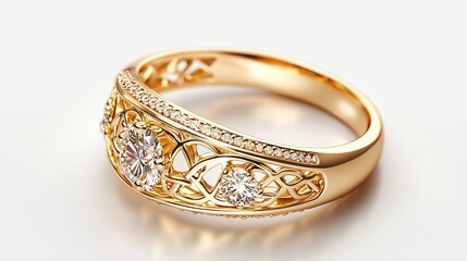 Luxury yellow gold ring with filigree ornamentation and a sparkling diamond, highly detailed, presented in a clean 3D render with soft white background lighting