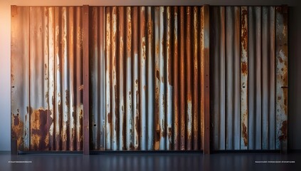 Old rusty zinc wall panels with rusty texture as a background. Vintage retro interior design concept. Rusty zinc sheets. Place to add text and design. Photo of rotten zinc surface. Iron sheets.