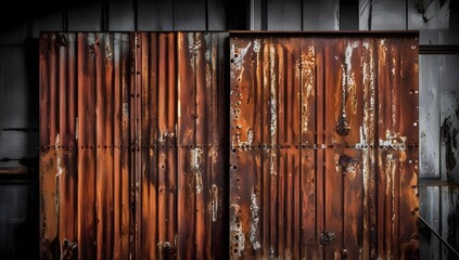 Old rusty zinc wall panels with rusty texture as a background. Vintage retro interior design concept. Rusty zinc sheets. Place to add text and design. Photo of rotten zinc surface. Iron sheets.