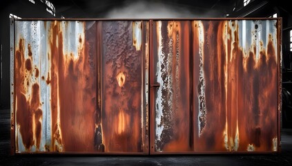 Old rusty zinc wall panels with rusty texture as a background. Vintage retro interior design concept. Rusty zinc sheets. Place to add text and design. Photo of rotten zinc surface. Iron sheets.