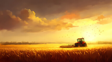 Fototapeta premium A tractor harvesting wheat in a golden field under a cloudy sky at sunset. Golden Harvest Fields. Illustration