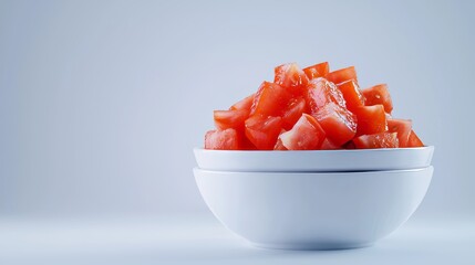 Close-up of diced tomatoes in an elegant white bowl, each piece showing intricate detail, suitable for fresh salads or premium cooking preparations