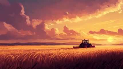 Fototapeta premium A tractor harvesting wheat in a golden field under a cloudy sky at sunset. Golden Harvest Fields. Illustration