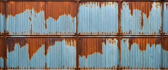 Old rusty zinc wall panels with rusty texture as a background. Vintage retro interior design concept. Rusty zinc sheets. Place to add text and design. Photo of rotten zinc surface. Iron sheets.