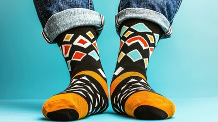 Colorful patterned socks on a person, paired with denim jeans, set against a bright blue background, creating a vibrant and playful look.