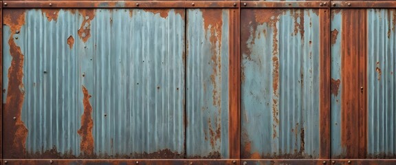 Old rusty zinc wall panels with rusty texture as a background. Vintage retro interior design concept. Rusty zinc sheets. Place to add text and design. Photo of rotten zinc surface. Iron sheets.