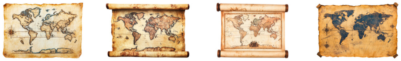 Antique world maps displayed on aged parchment in various styles. Set of png on transparent background