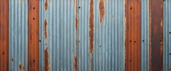 Old rusty zinc wall panels with rusty texture as a background. Vintage retro interior design concept. Rusty zinc sheets. Place to add text and design. Photo of rotten zinc surface. Iron sheets.