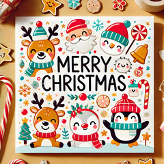 A festive Christmas card featuring Santa Claus, children, and a playful winter scene with gifts, snowmen, and holiday cheer, perfect for celebrating the season