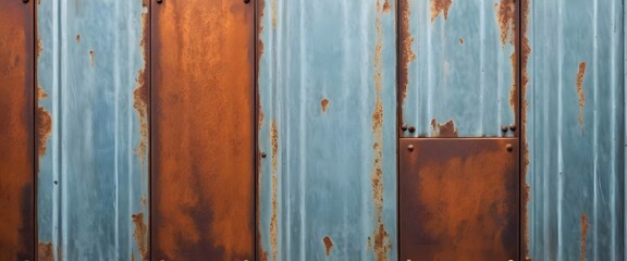 Old rusty zinc wall panels with rusty texture as a background. Vintage retro interior design concept. Rusty zinc sheets. Place to add text and design. Photo of rotten zinc surface. Iron sheets.