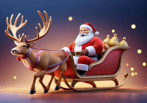 Papa Noel en trineo con renos de navidad , fondo dorado, destellos y brillos m&aacute;gicos, ilustraci&oacute;n de navidad en 3d, ia,  Santa Claus animado, renderizado 3d, dibujo de navidad, renos navide&ntilde;os.