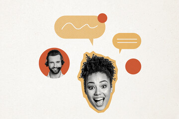 Composite trend artwork sketch collage of headphones support online help call center service man young lady customer speech cloud chatting