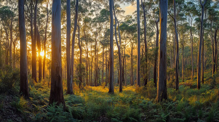 Fototapeta premium Serene Sunrise in Eucalyptus Forest Landscape