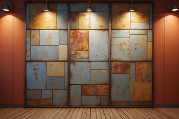 Old rusty zinc wall panels with rusty texture as a background. Vintage retro interior design concept. Rusty zinc sheets. Place to add text and design. Photo of rotten zinc surface. Iron sheets.