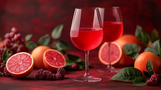 Luxurious grapefruit wine served with fresh fruit slices, the deep red background accentuating vibrant details and a sense of modern elegance
