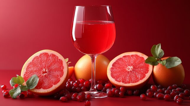 Luxurious grapefruit wine served with fresh fruit slices, the deep red background accentuating vibrant details and a sense of modern elegance