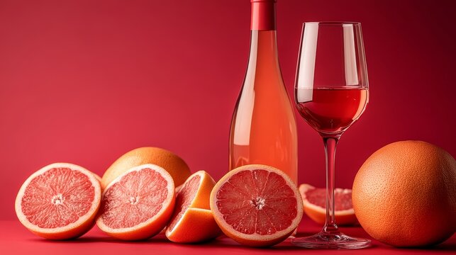 Luxurious grapefruit wine served with fresh fruit slices, the deep red background accentuating vibrant details and a sense of modern elegance