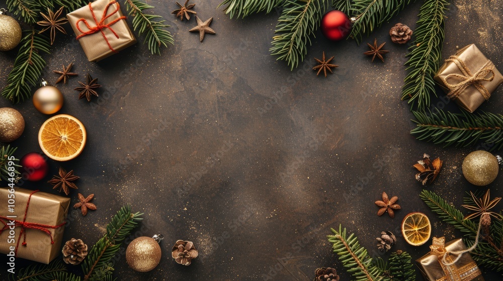 Poster flat lay of christmas items with an empty space for adding festive messages.
